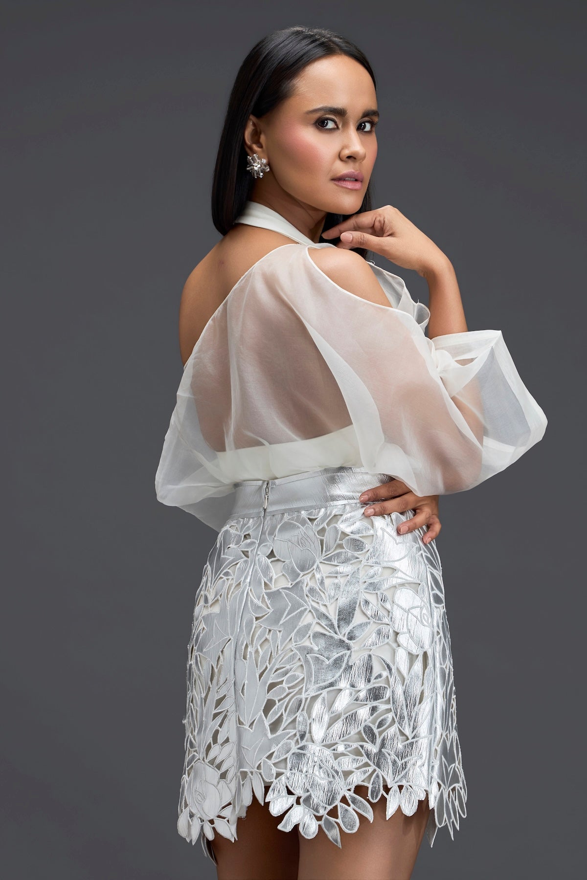 White Halter Organza Top and Silver Cutwork Skirt Set