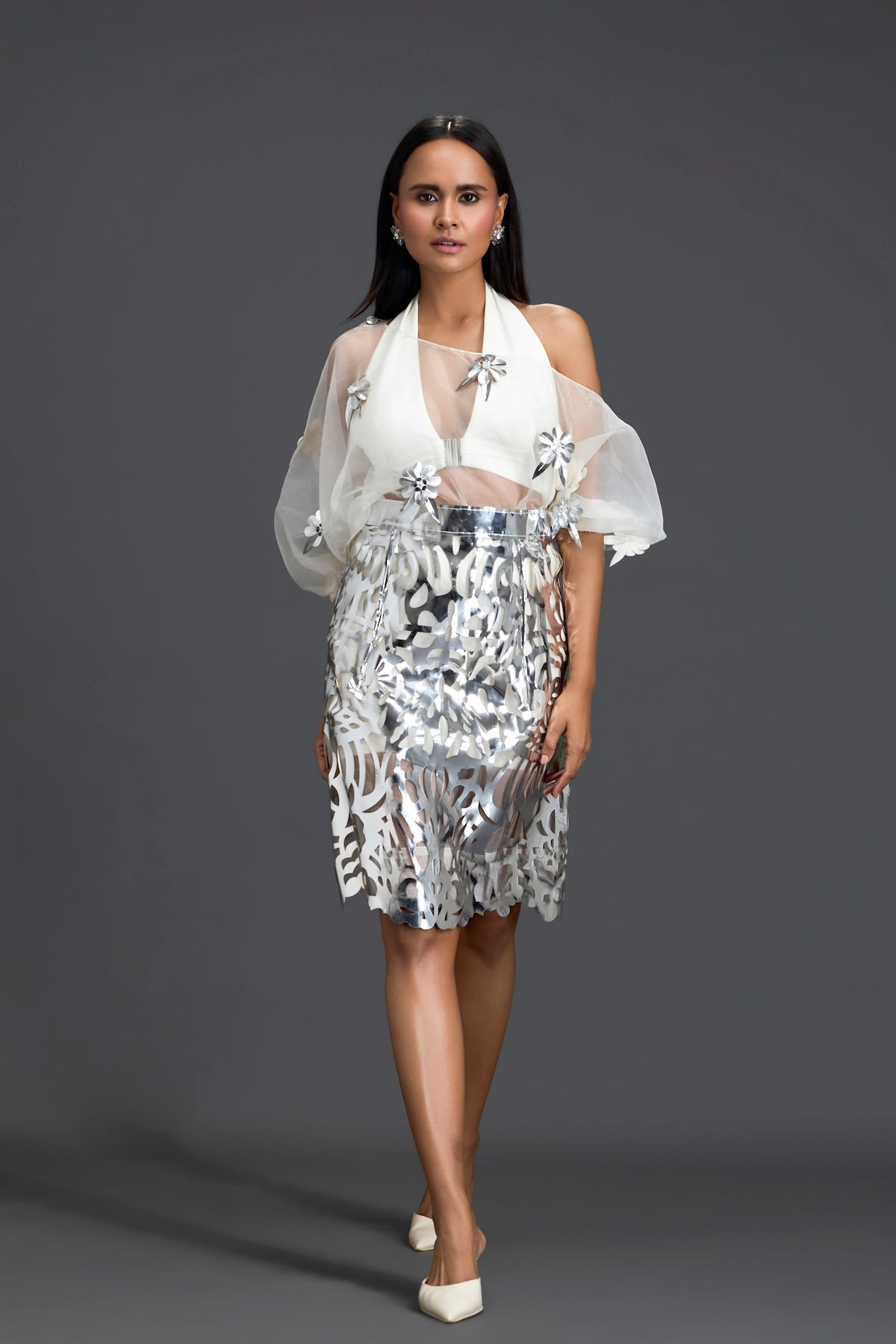 White Halter Organza Top and Silver Laser-Cut Skirt Set