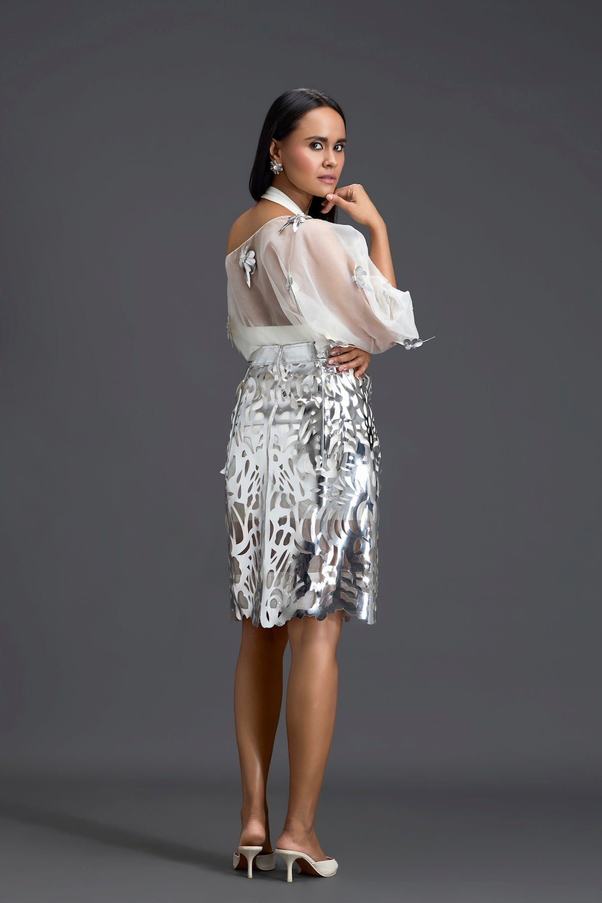 White Halter Organza Top and Silver Laser-Cut Skirt Set