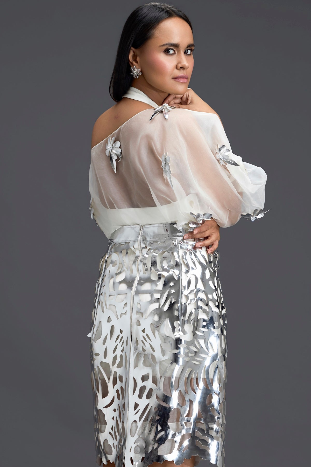 White Halter Organza Top and Silver Laser-Cut Skirt Set
