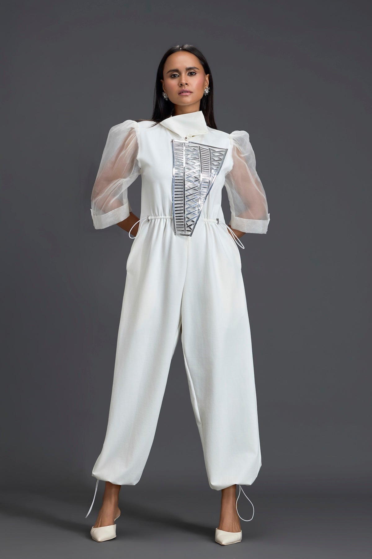 White Organza Puff Sleeve Metallic Panel Jumpsuit