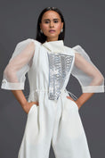 Load image into Gallery viewer, White Organza Puff Sleeve Metallic Panel Jumpsuit
