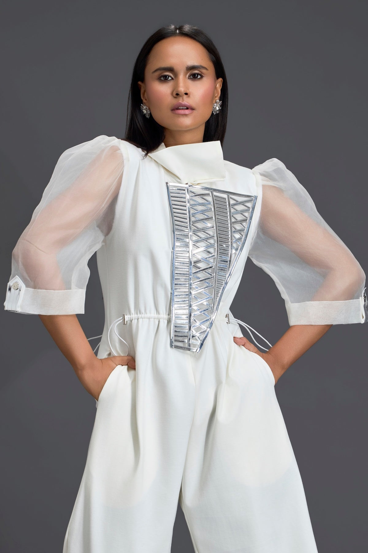 White Organza Puff Sleeve Metallic Panel Jumpsuit