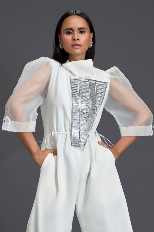 White Organza Puff Sleeve Metallic Panel Jumpsuit