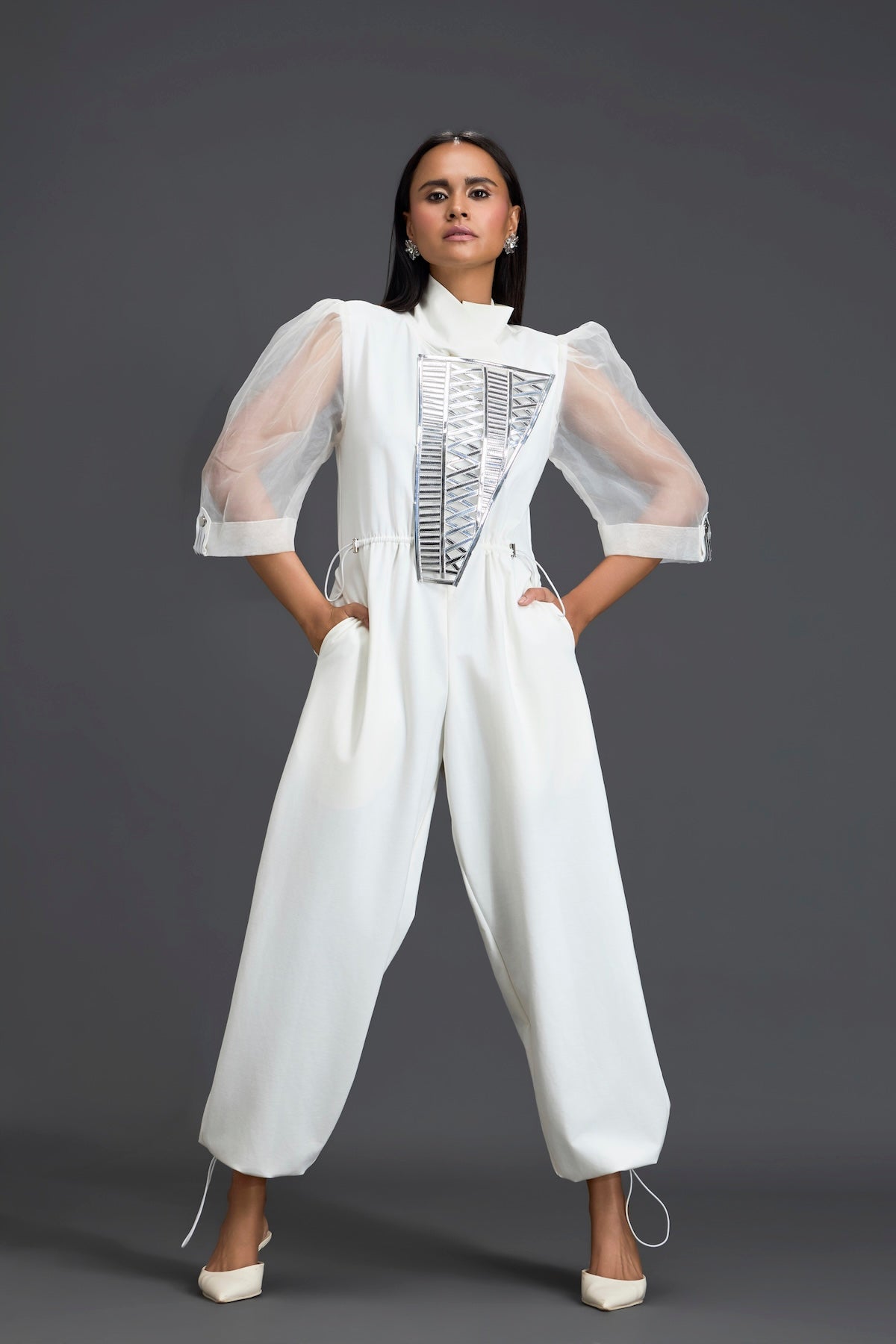 White Organza Puff Sleeve Metallic Panel Jumpsuit