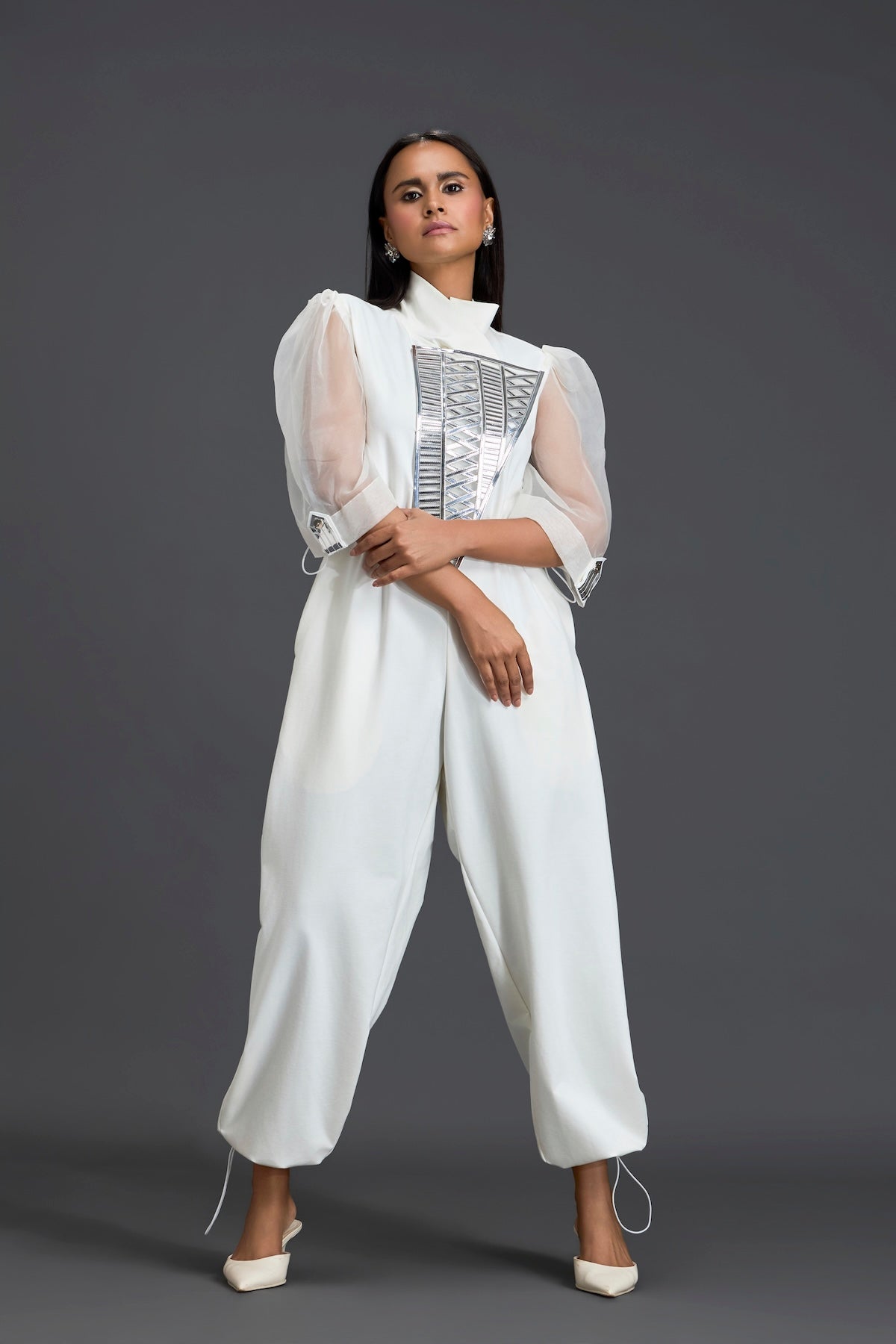 White Organza Puff Sleeve Metallic Panel Jumpsuit