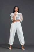 Load image into Gallery viewer, White Organza Puff Sleeve Metallic Panel Jumpsuit
