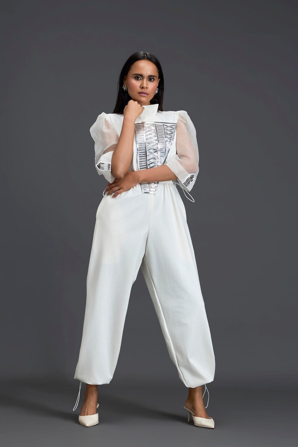 White Organza Puff Sleeve Metallic Panel Jumpsuit