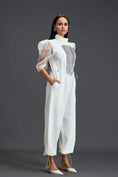 Load image into Gallery viewer, White Organza Puff Sleeve Metallic Panel Jumpsuit
