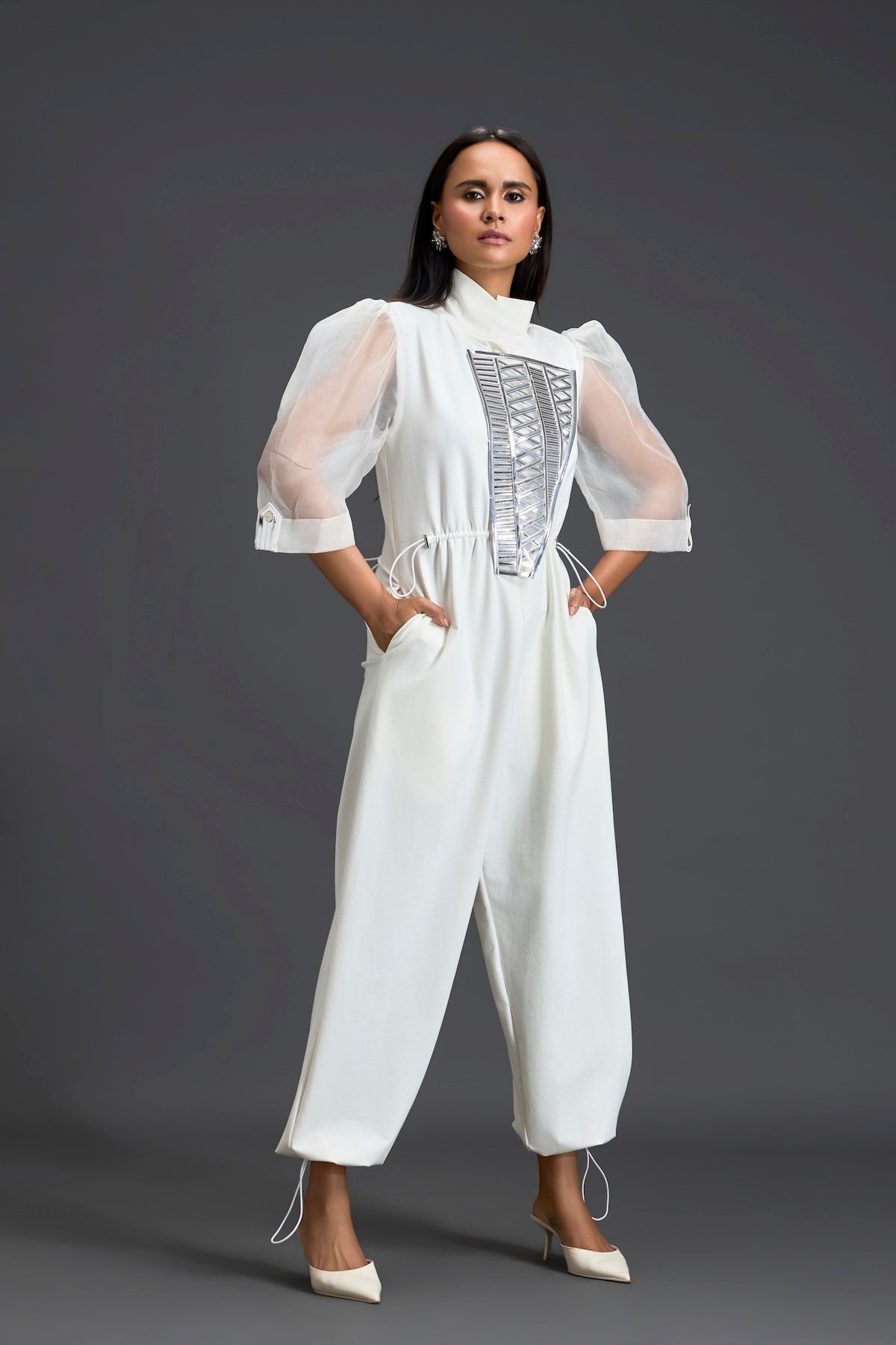 White Organza Puff Sleeve Metallic Panel Jumpsuit