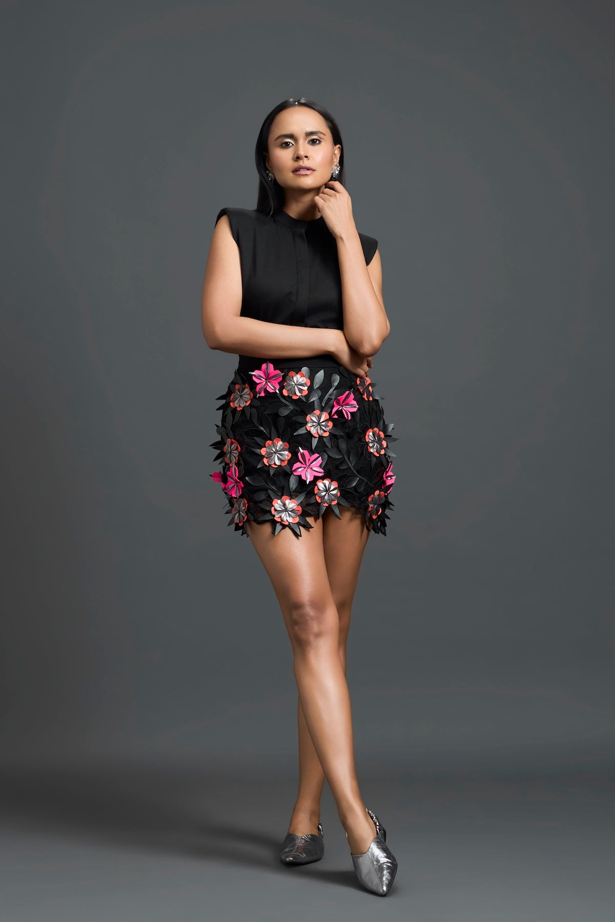 Black Sleeveless Top with 3D Floral Embroidered Skirt Set