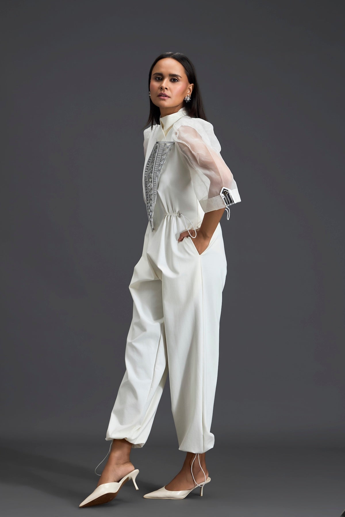White Organza Puff Sleeve Metallic Panel Jumpsuit