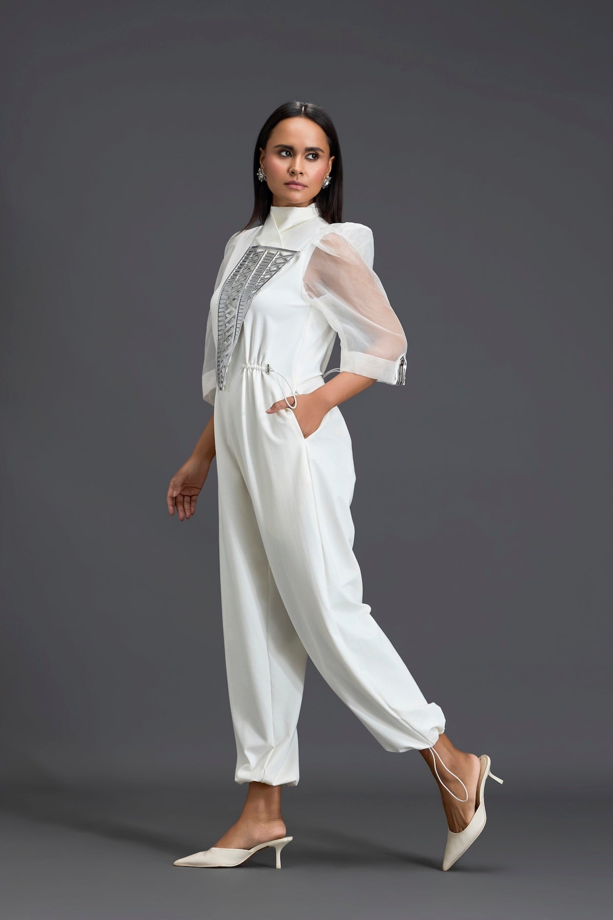 White Organza Puff Sleeve Metallic Panel Jumpsuit