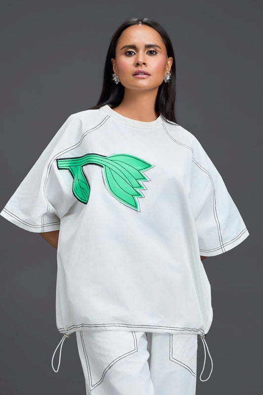White Oversized Floral Patch Top