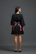 Load image into Gallery viewer, Black Voluminous Sleeve Dress with Floral Belt
