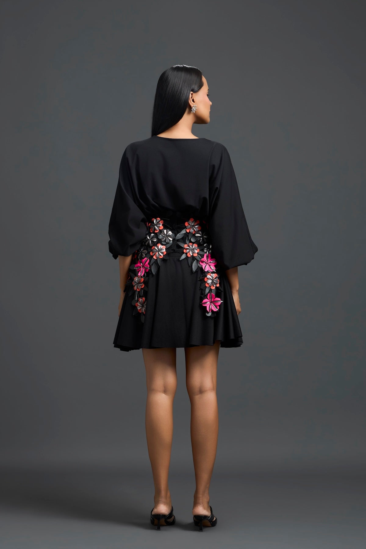 Black Voluminous Sleeve Dress with Floral Belt