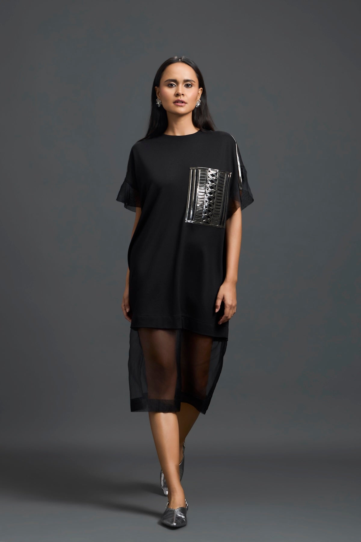 Black Oversized Dress with Sheer Hem and Gunmetal Pocket