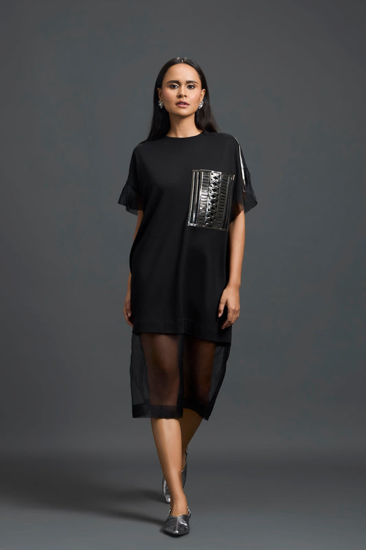 Black Oversized Dress with Sheer Hem and Gunmetal Pocket
