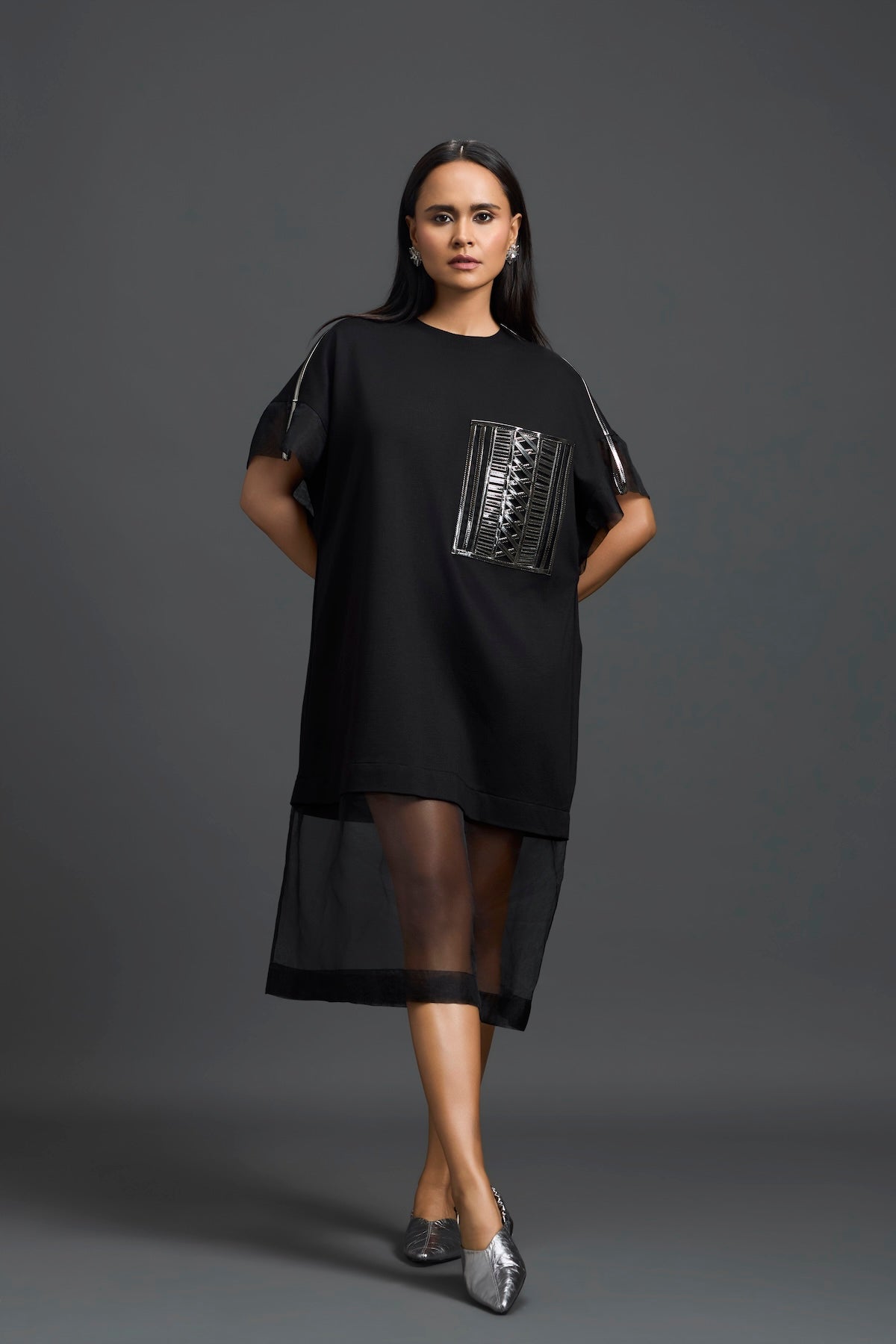 Black Oversized Dress with Sheer Hem and Gunmetal Pocket