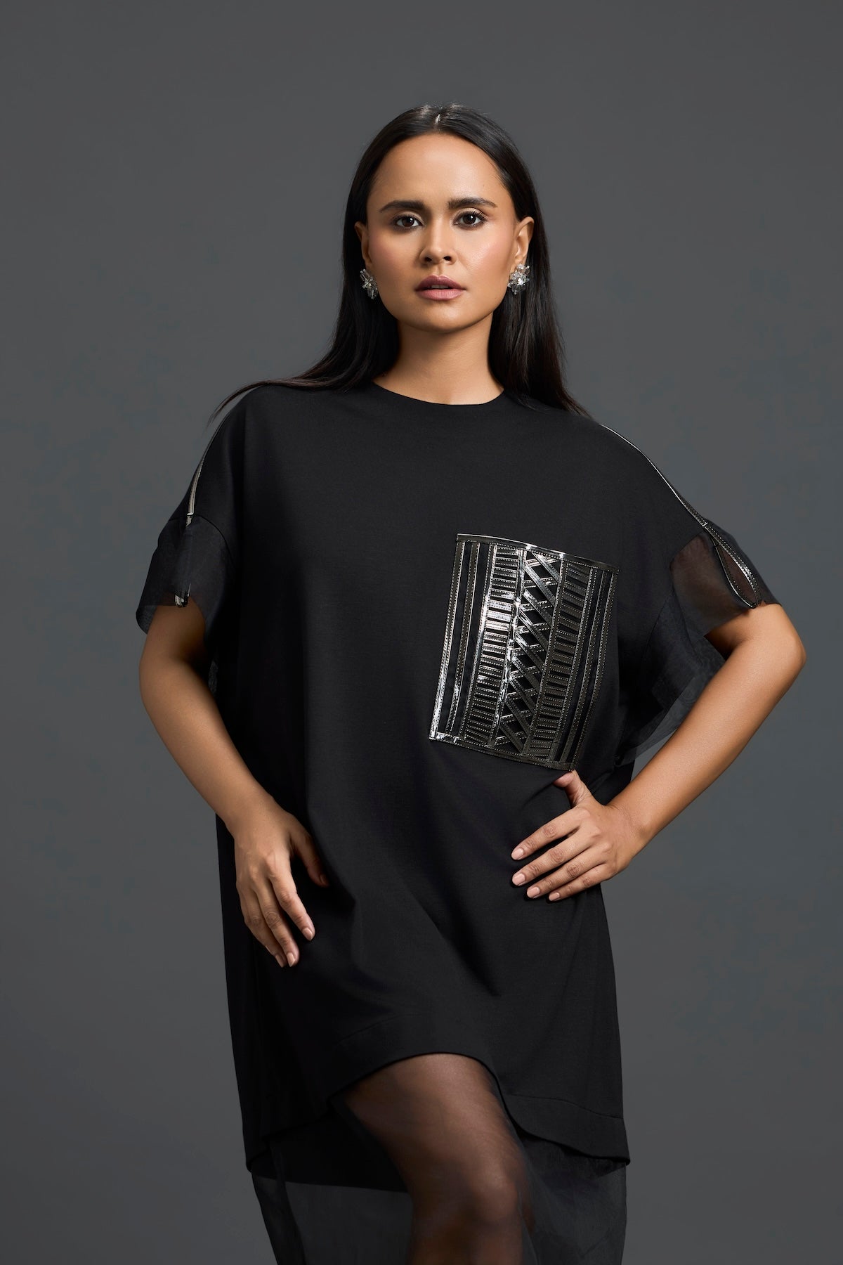 Black Oversized Dress with Sheer Hem and Gunmetal Pocket