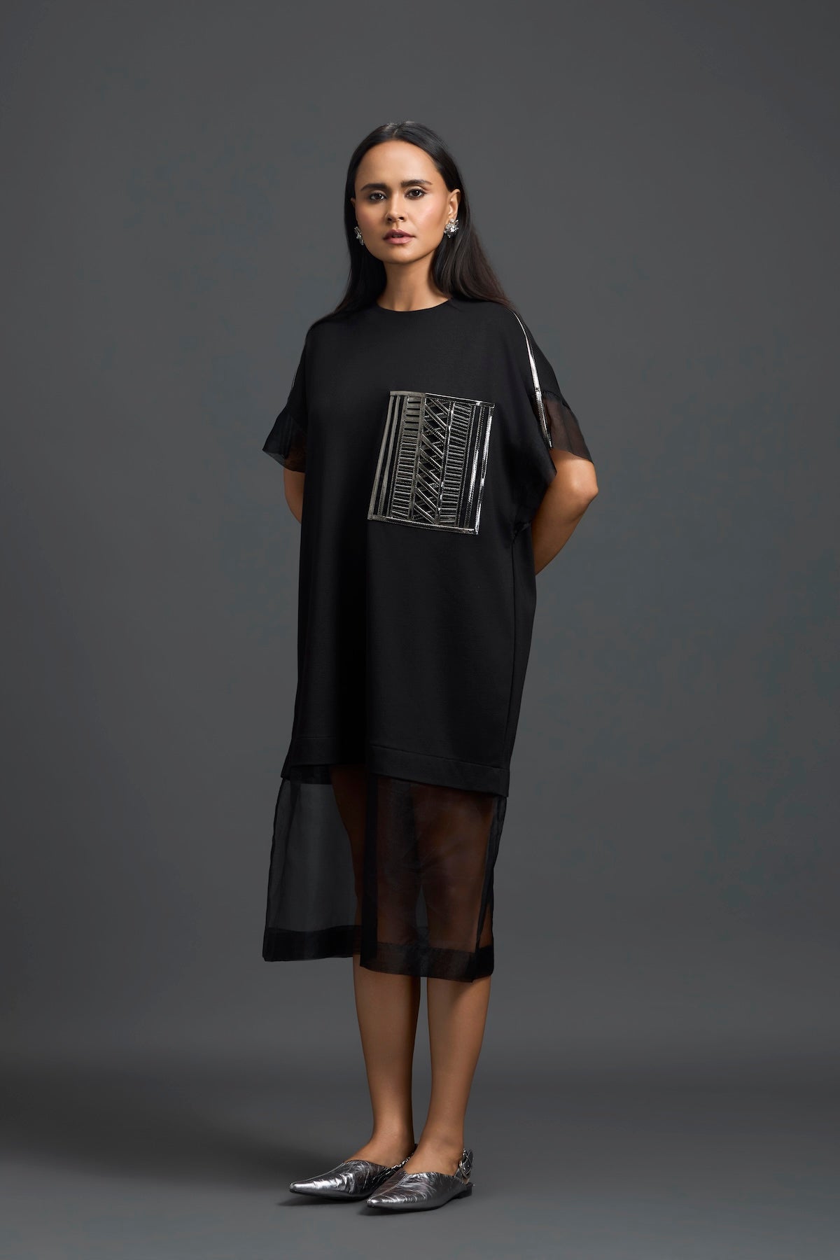 Black Oversized Dress with Sheer Hem and Gunmetal Pocket