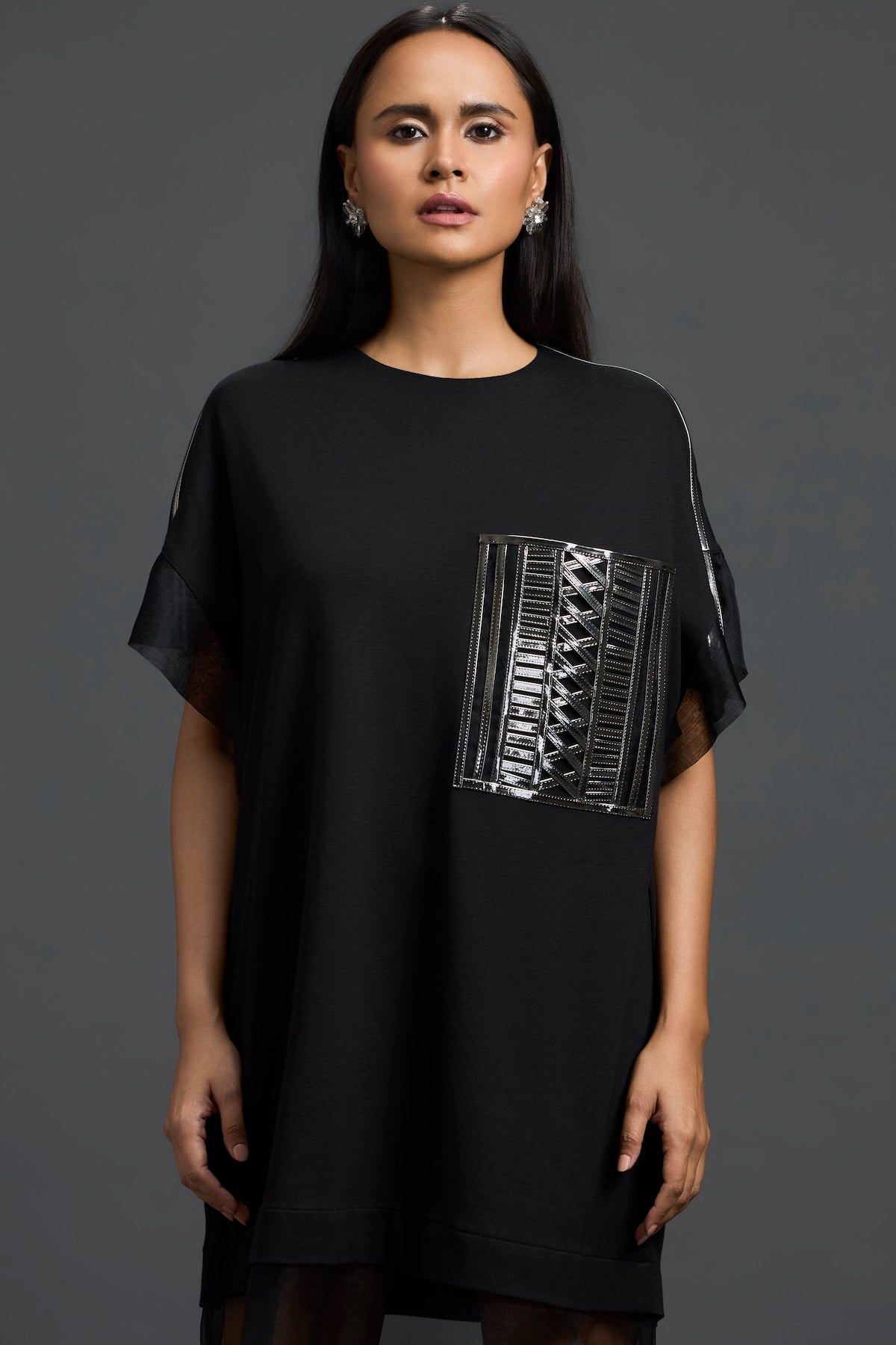 Black Oversized Dress with Sheer Hem and Gunmetal Pocket