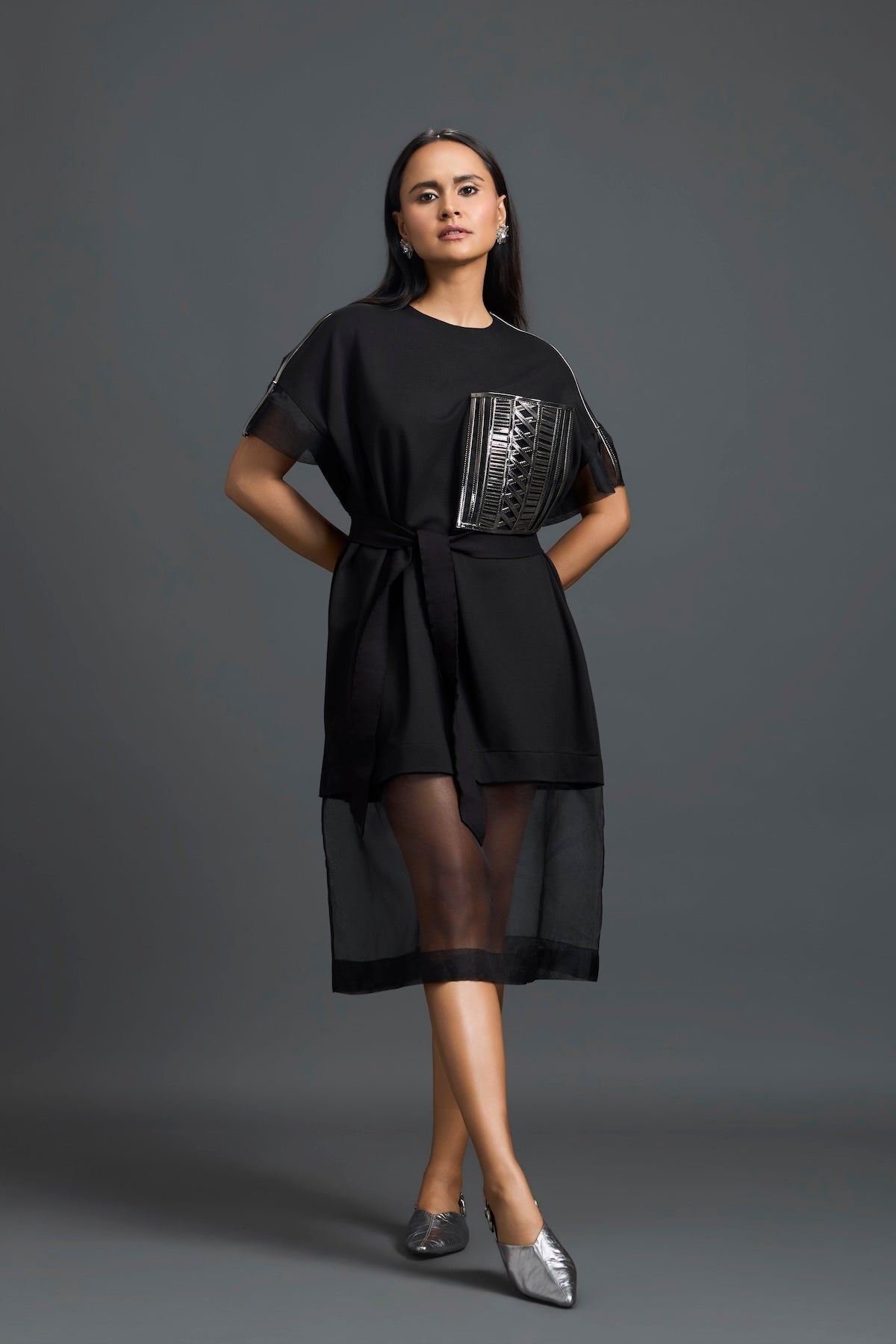 Black Oversized Dress with Sheer Hem and Gunmetal Pocket