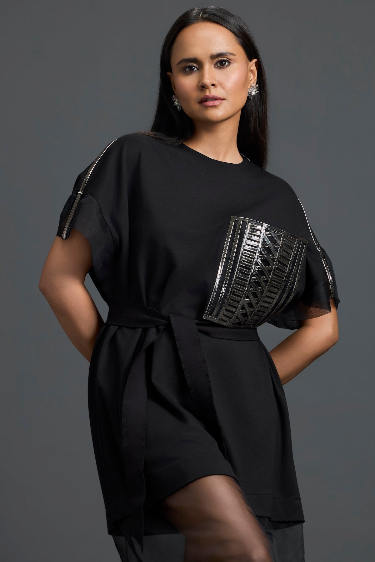 Black Oversized Dress with Sheer Hem and Gunmetal Pocket