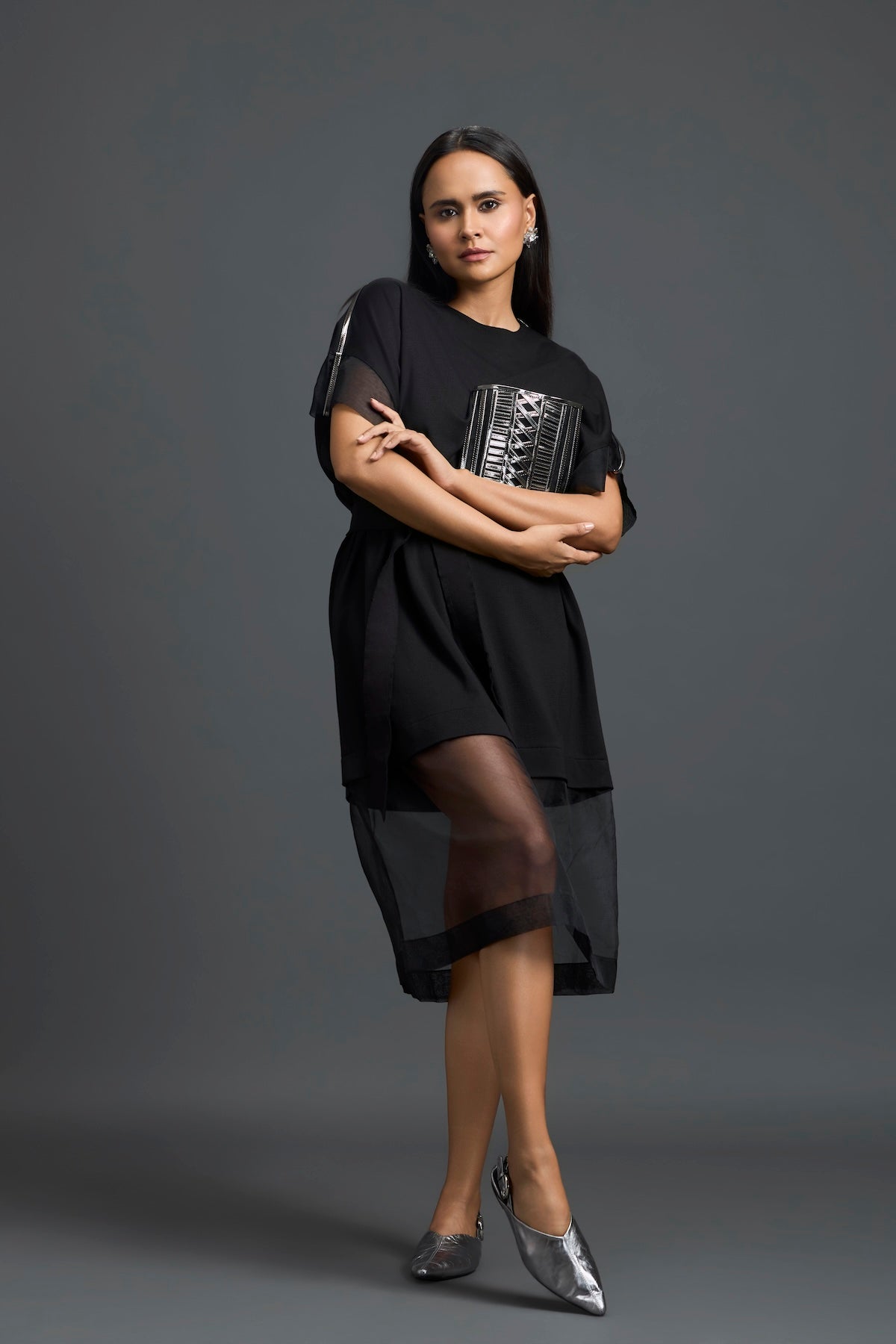 Black Oversized Dress with Sheer Hem and Gunmetal Pocket