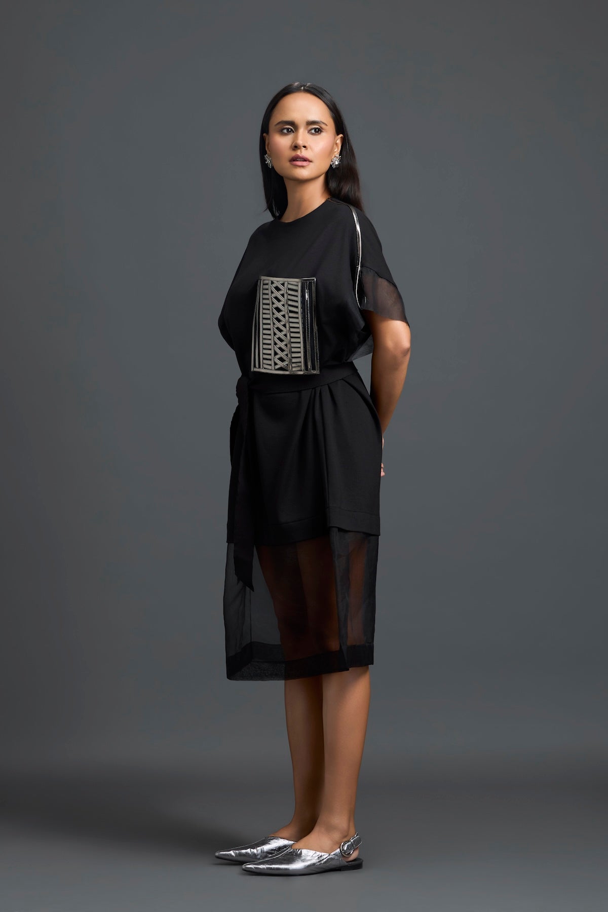Black Oversized Dress with Sheer Hem and Gunmetal Pocket