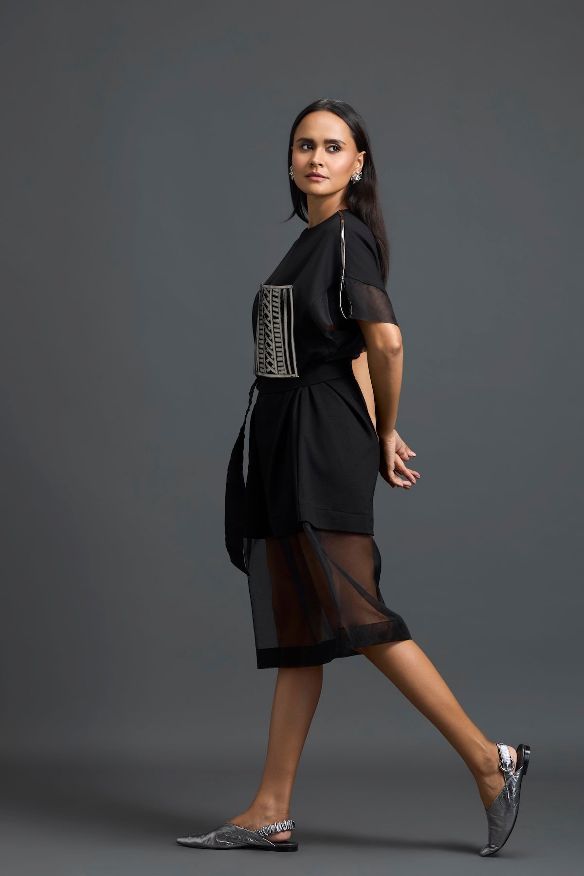 Black Oversized Dress with Sheer Hem and Gunmetal Pocket