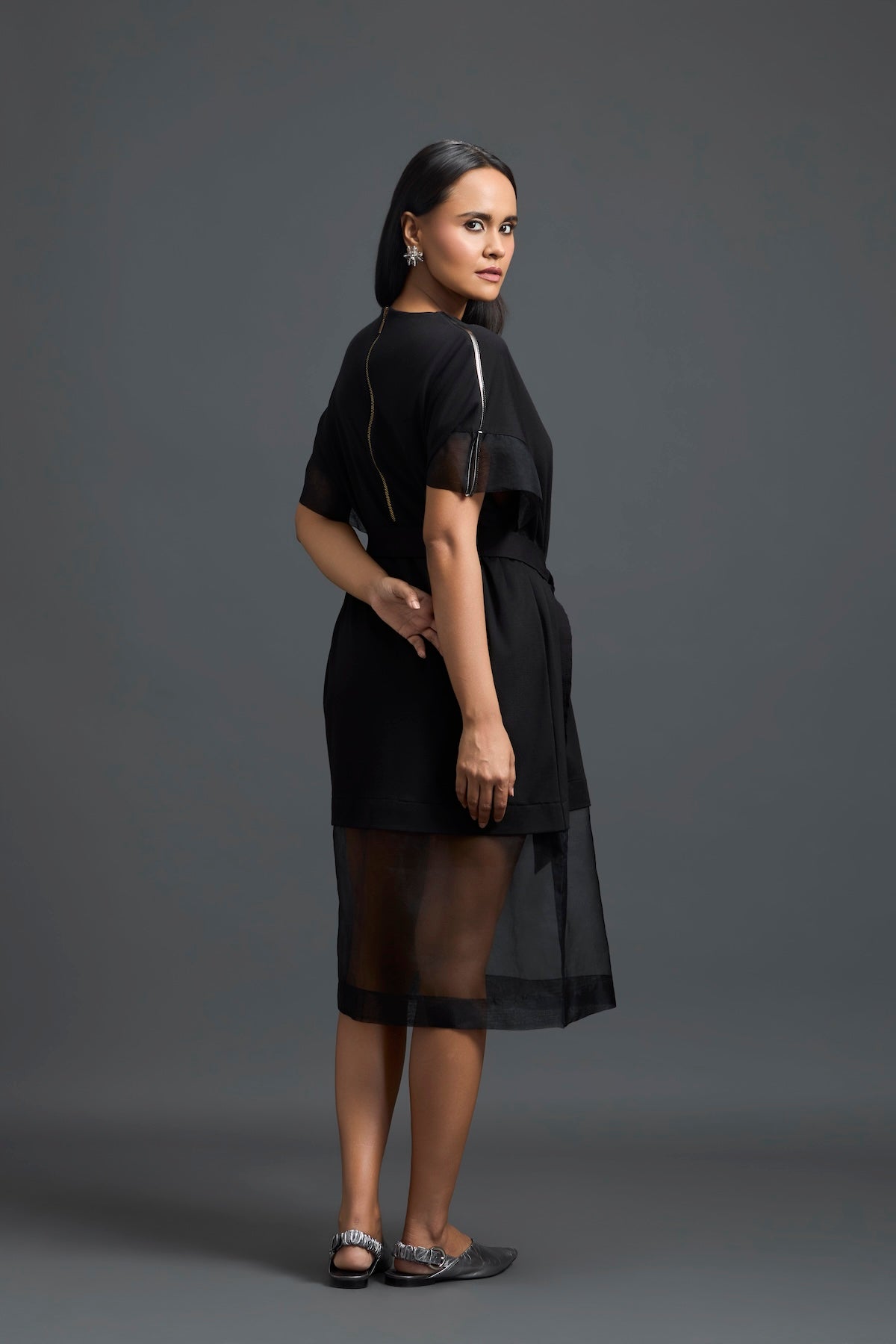 Black Oversized Dress with Sheer Hem and Gunmetal Pocket