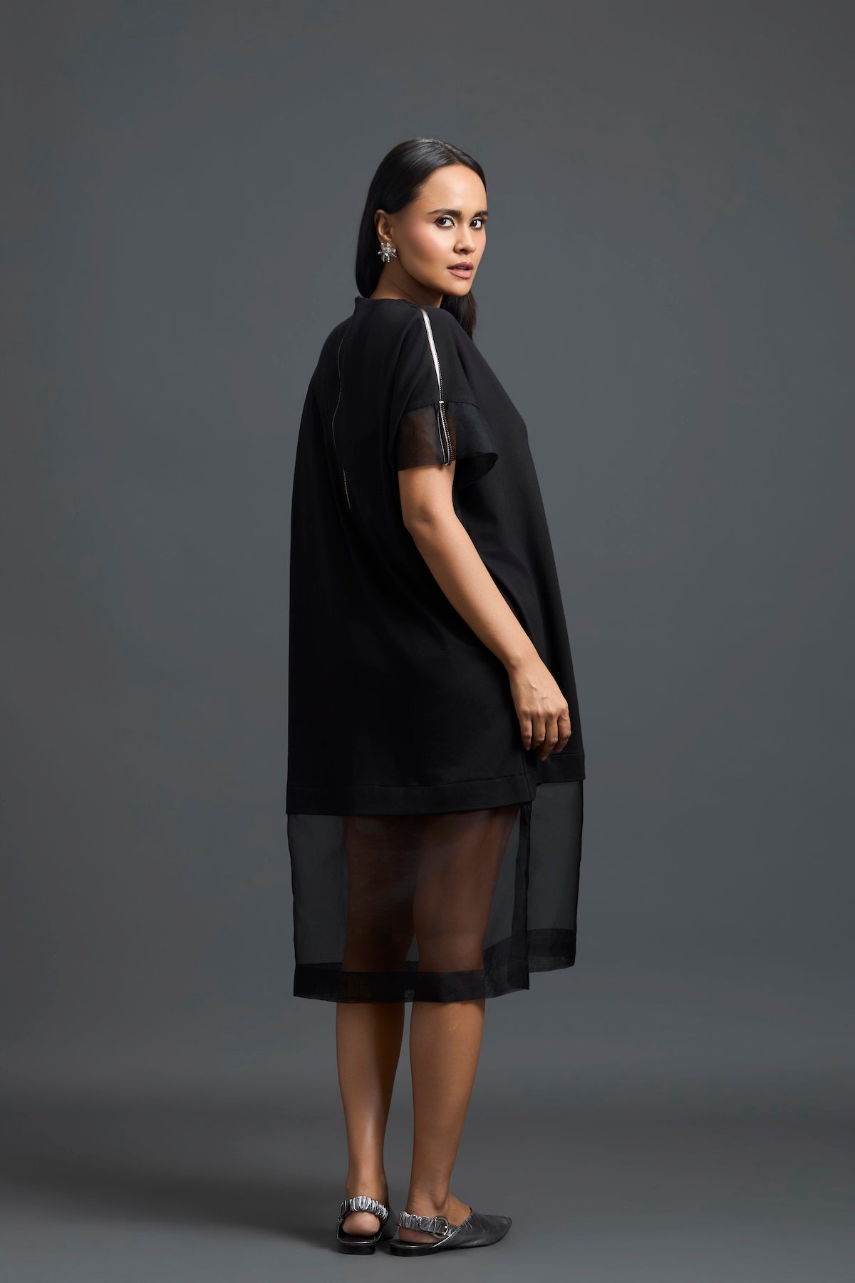 Black Oversized Dress with Sheer Hem and Gunmetal Pocket