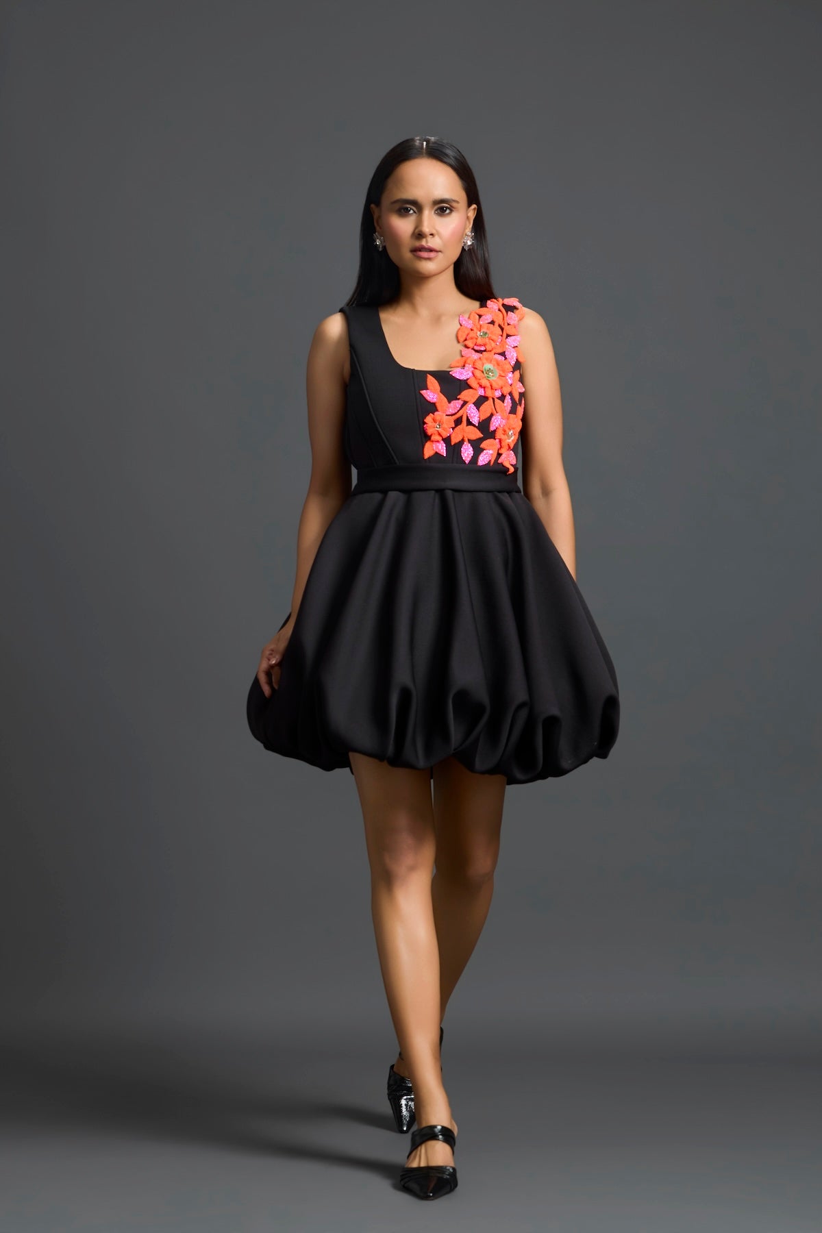Black Swarovski Floral Bubble Dress