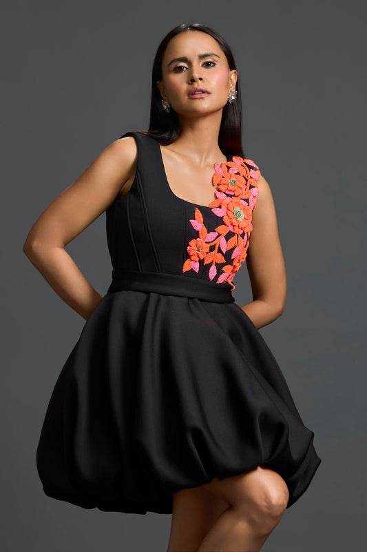 Black Swarovski Floral Bubble Dress