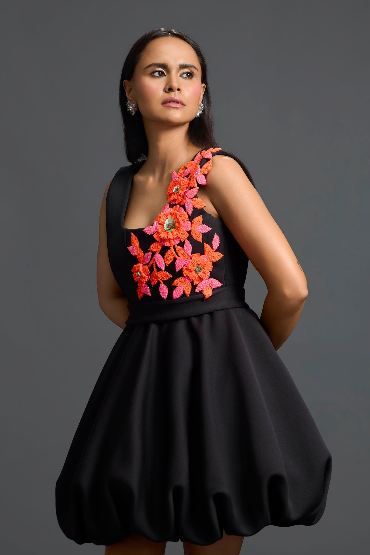 Black Swarovski Floral Bubble Dress
