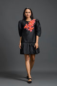 Load image into Gallery viewer, Black and Neon Swarovski Puff-Sleeve Dress
