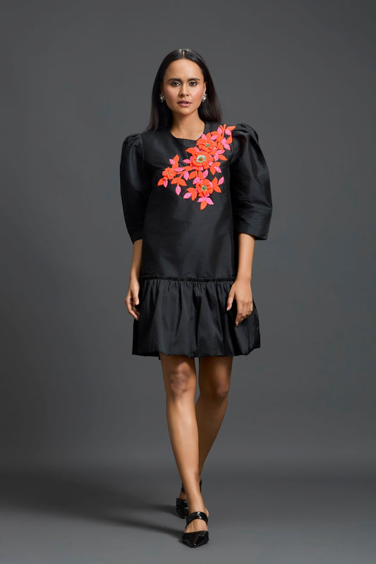 Black and Neon Swarovski Puff-Sleeve Dress