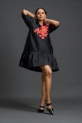 Load image into Gallery viewer, Black and Neon Swarovski Puff-Sleeve Dress
