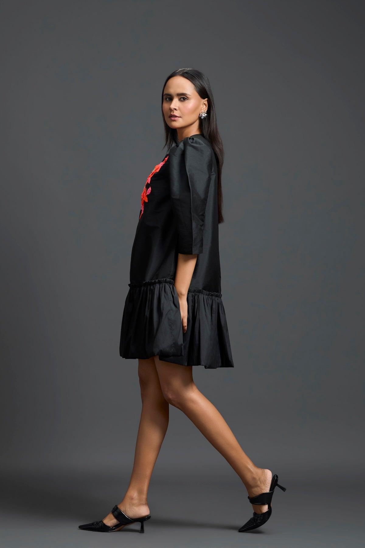 Black and Neon Swarovski Puff-Sleeve Dress