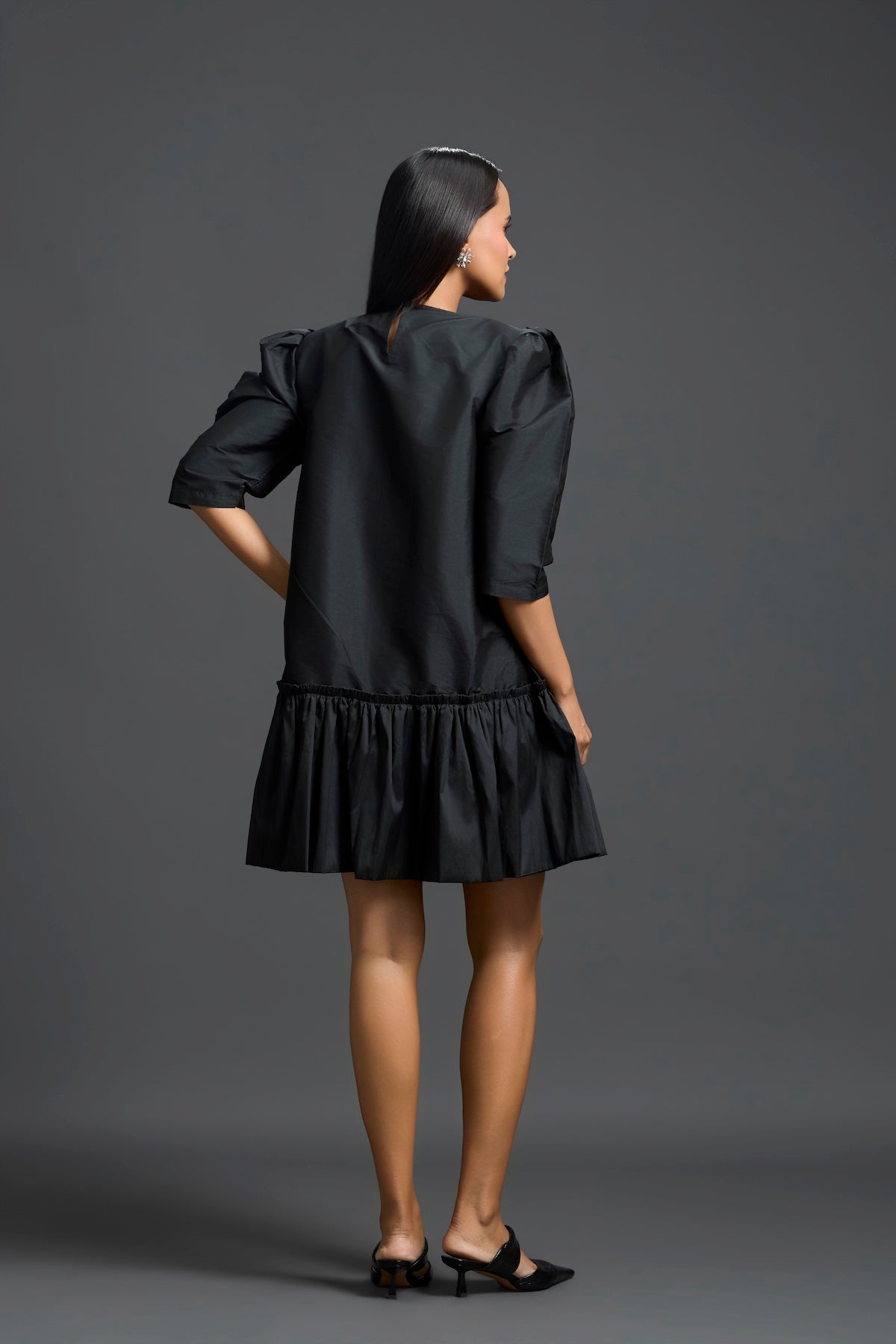 Black and Neon Swarovski Puff-Sleeve Dress