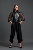 Load image into Gallery viewer, Black Organza Puff Sleeve Metallic Panel Jumpsuit
