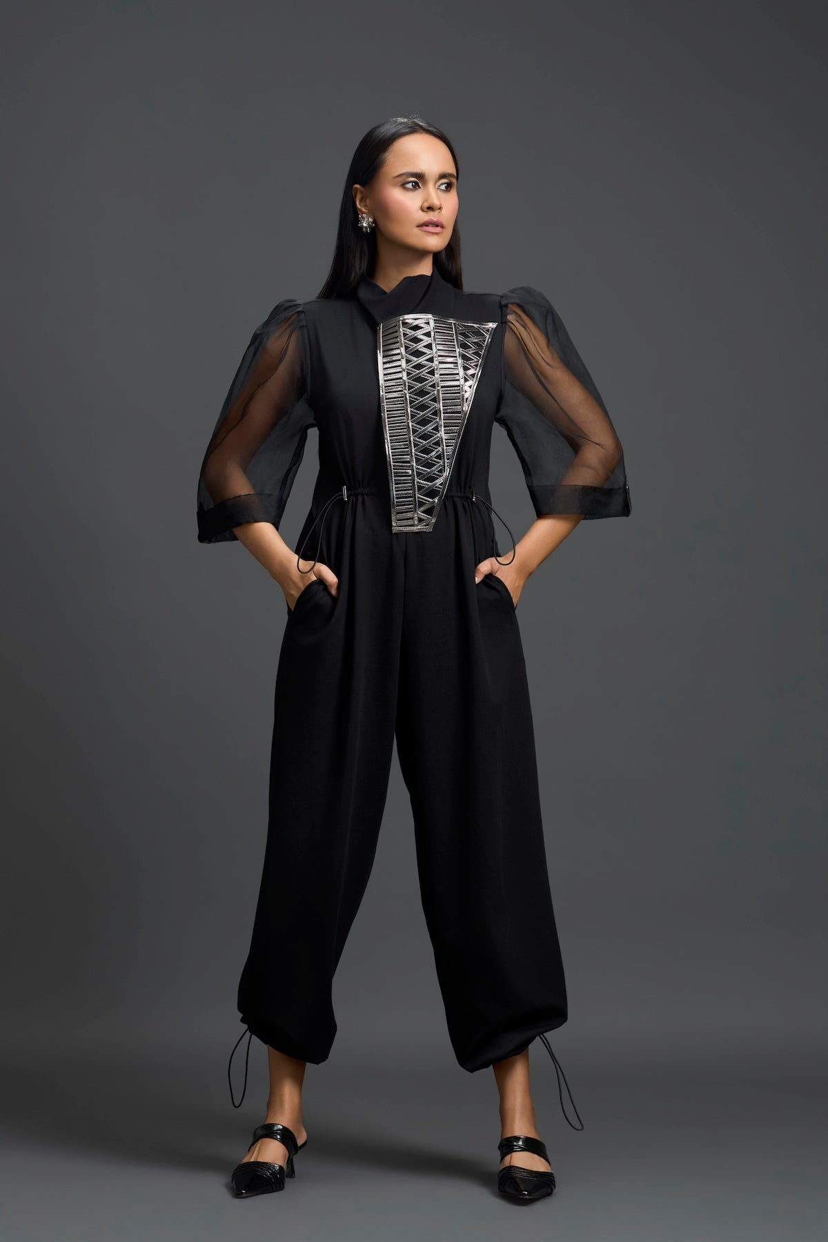 Black Organza Puff Sleeve Metallic Panel Jumpsuit