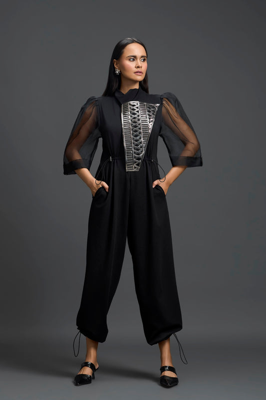 Black Organza Puff Sleeve Metallic Panel Jumpsuit