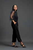 Load image into Gallery viewer, Black Organza Puff Sleeve Metallic Panel Jumpsuit
