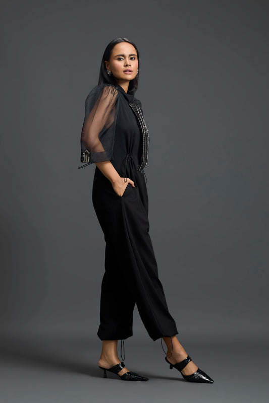 Black Organza Puff Sleeve Metallic Panel Jumpsuit