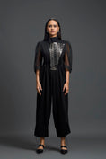 Load image into Gallery viewer, Black Organza Puff Sleeve Metallic Panel Jumpsuit
