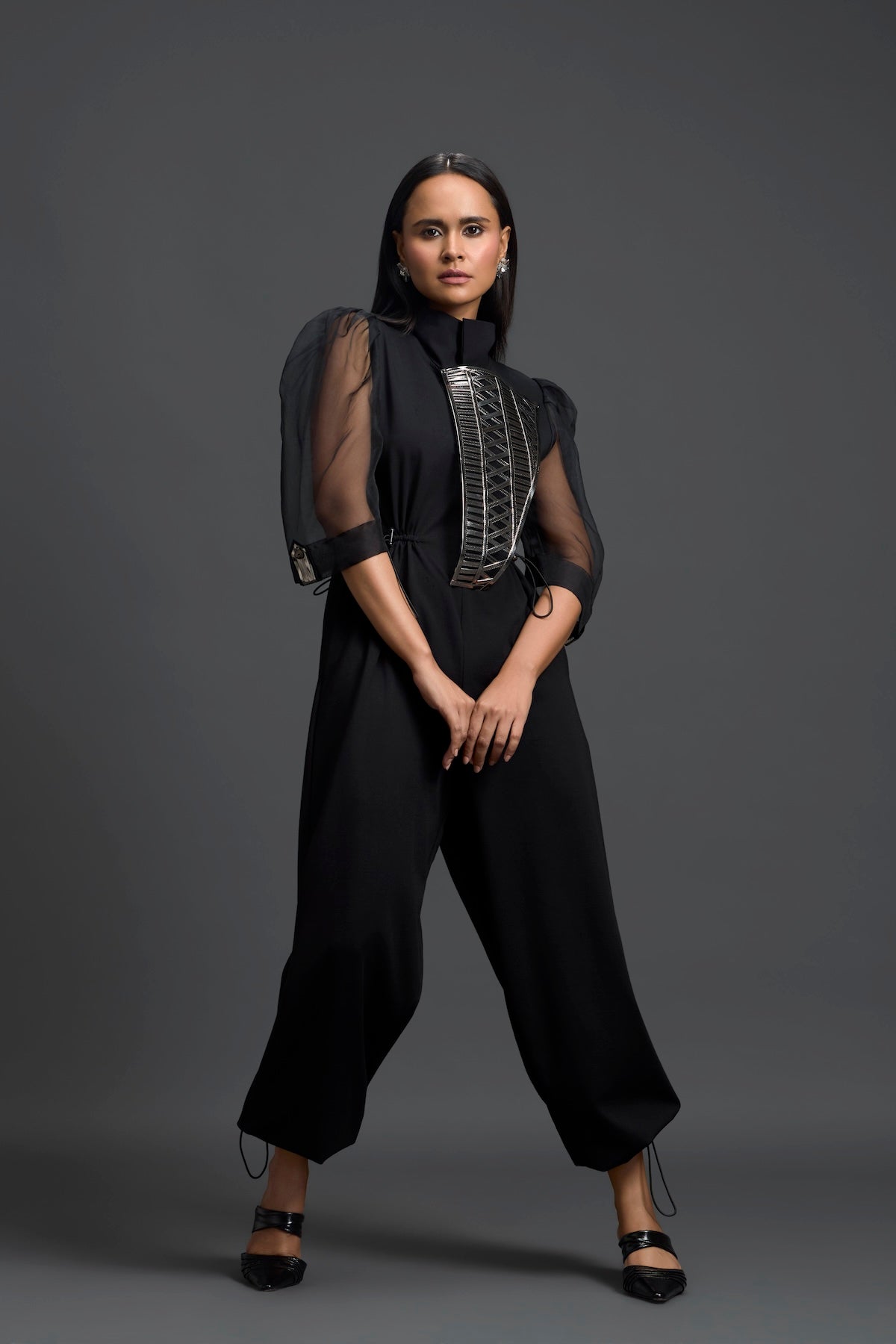 Black Organza Puff Sleeve Metallic Panel Jumpsuit