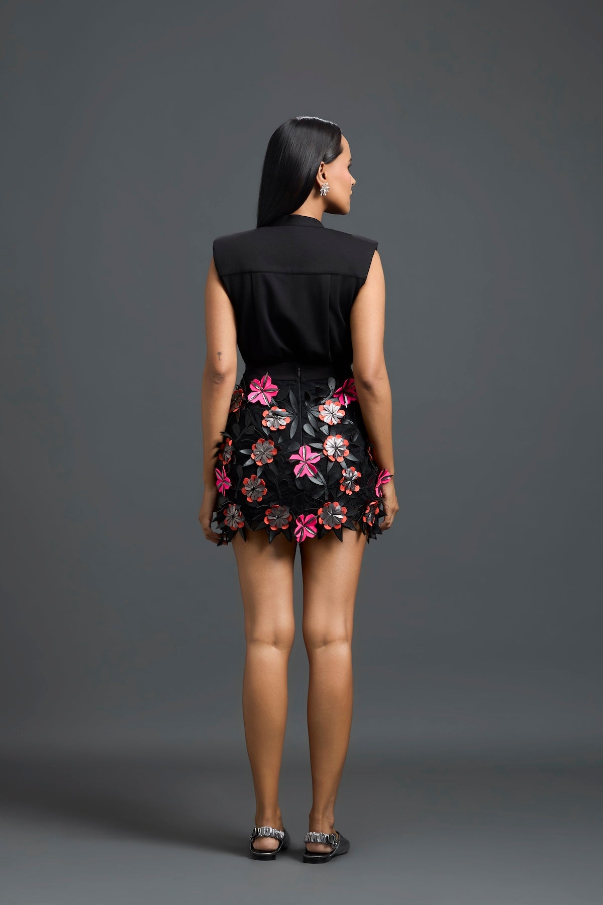 Black Sleeveless Top with 3D Floral Embroidered Skirt Set