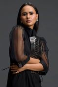 Load image into Gallery viewer, Black Organza Puff Sleeve Metallic Panel Jumpsuit
